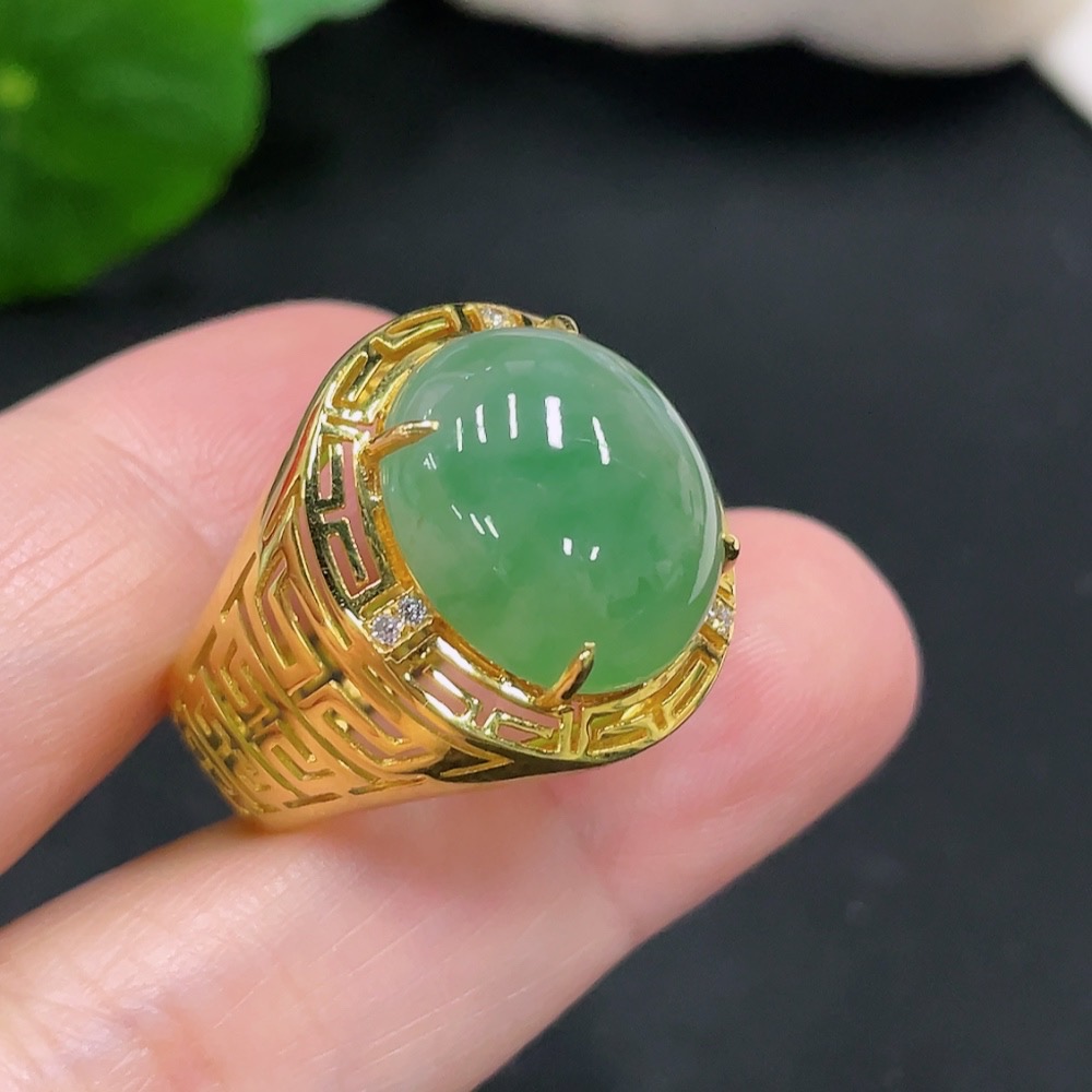 F31592767 Jadeite Cabochon Inlaid Ring 18K Gold Size 22 Total Weight Approx. 7.39g