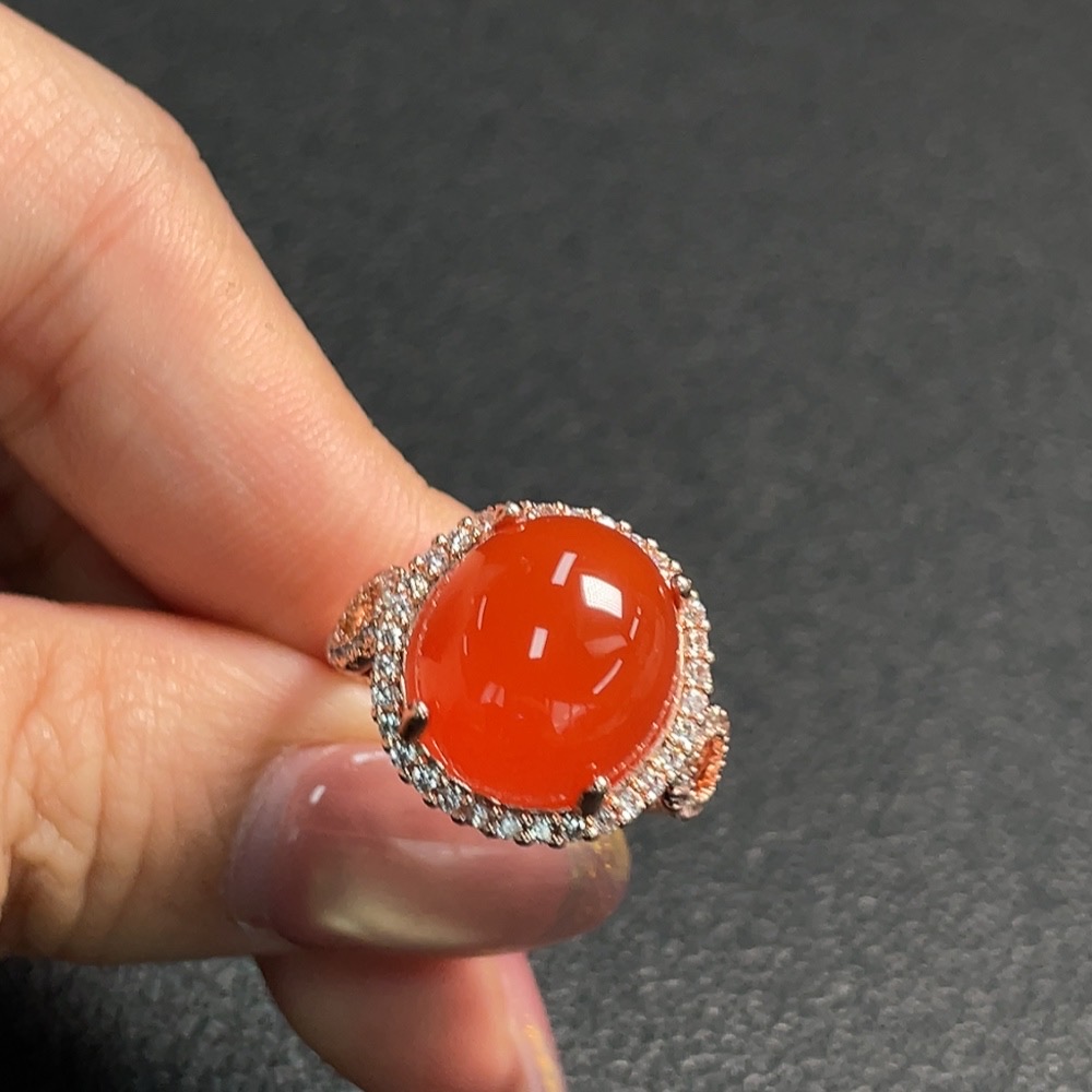 C28224829 Red Agate Inlaid Ring, Non-Gold Setting, Adjustable, Total Weight Approx. 5.99g