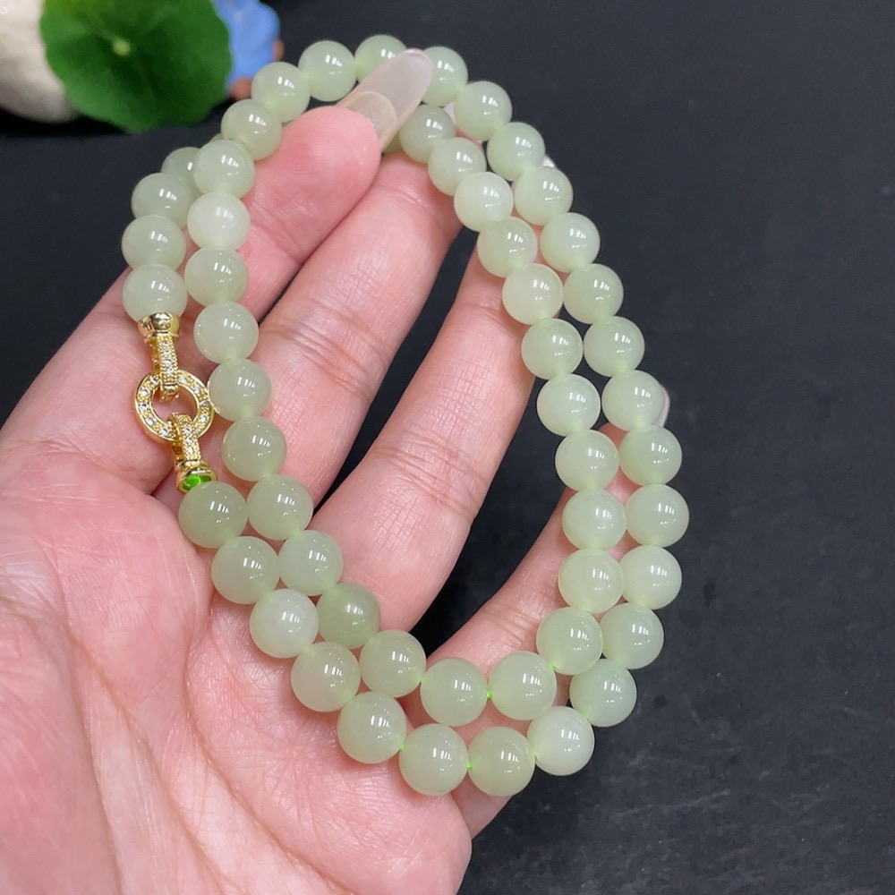 H28210494 Hetian Jade Bead Necklace Approx. 8mm Total Weight About 46.8g Non-Gold