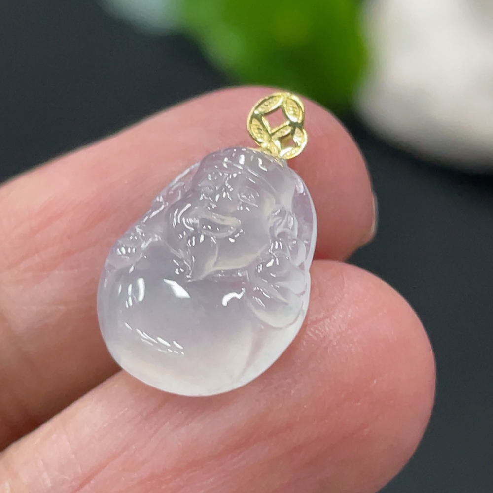 F32740367 Jadeite God of Wealth Pendant with 18K Gold Clasp, Total Weight Approx. 1.04g