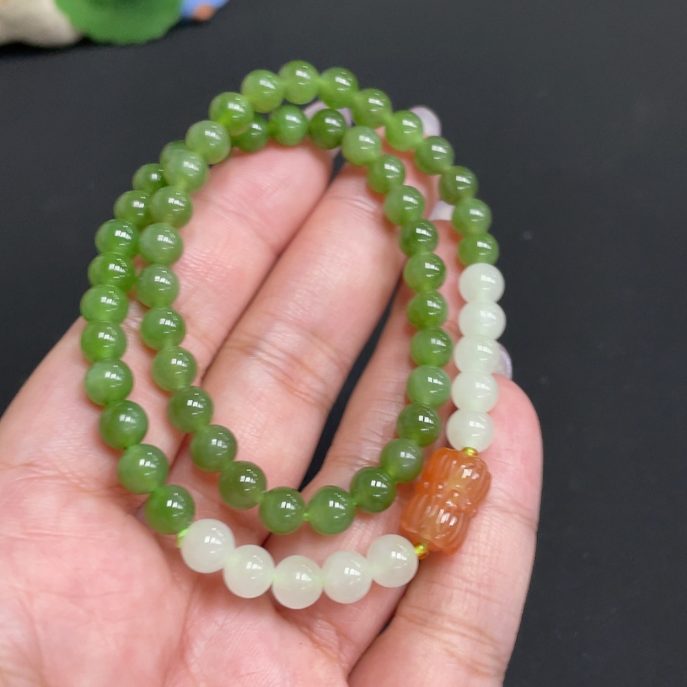 H33901538 Hetian Jade Bead Necklace Approx. 5.7mm Total Weight Approx. 20.7g with Southern Red Agate