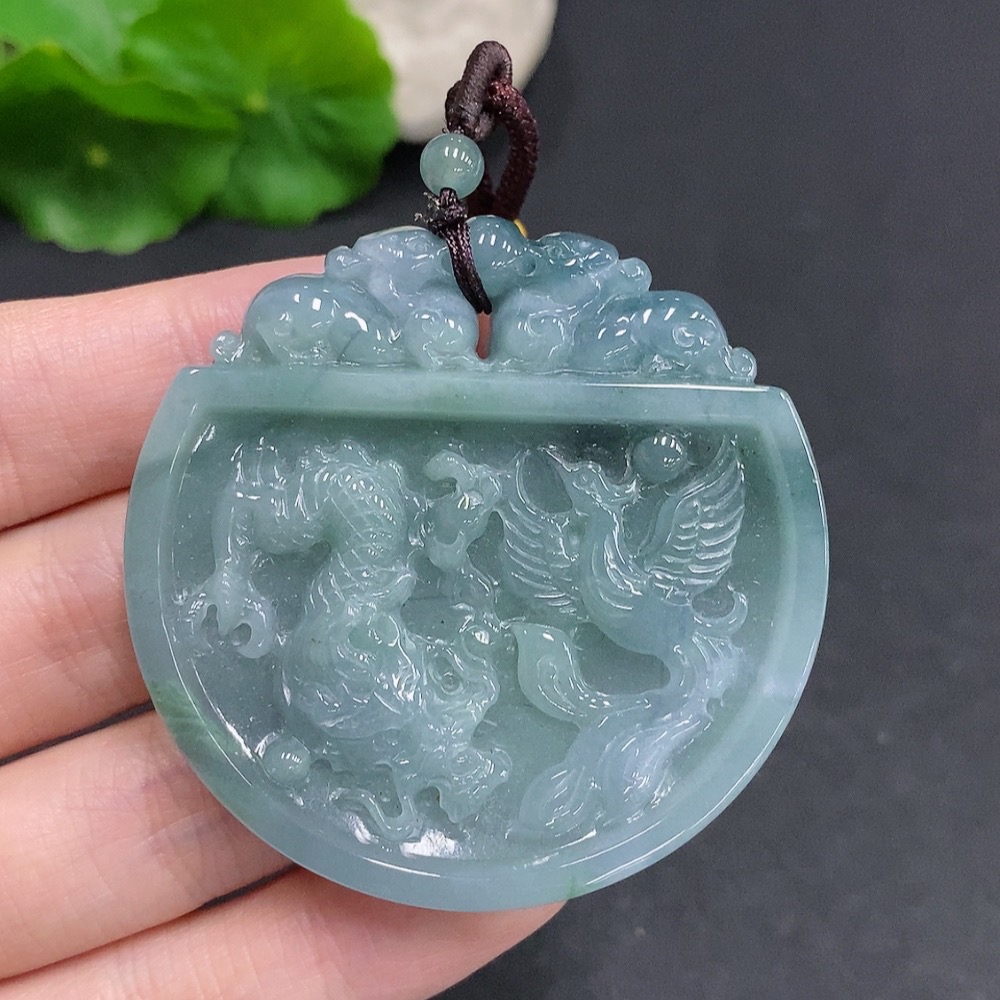 F34060549 Jadeite Dragon and Phoenix Auspicious Pendant