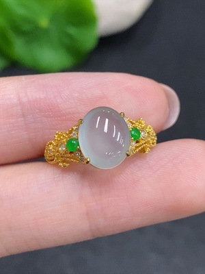 F34002042 Jadeite Cabochon Ring, 18k Gold, Total Weight Approx. 2.4g, Size 13, Diamond Accents