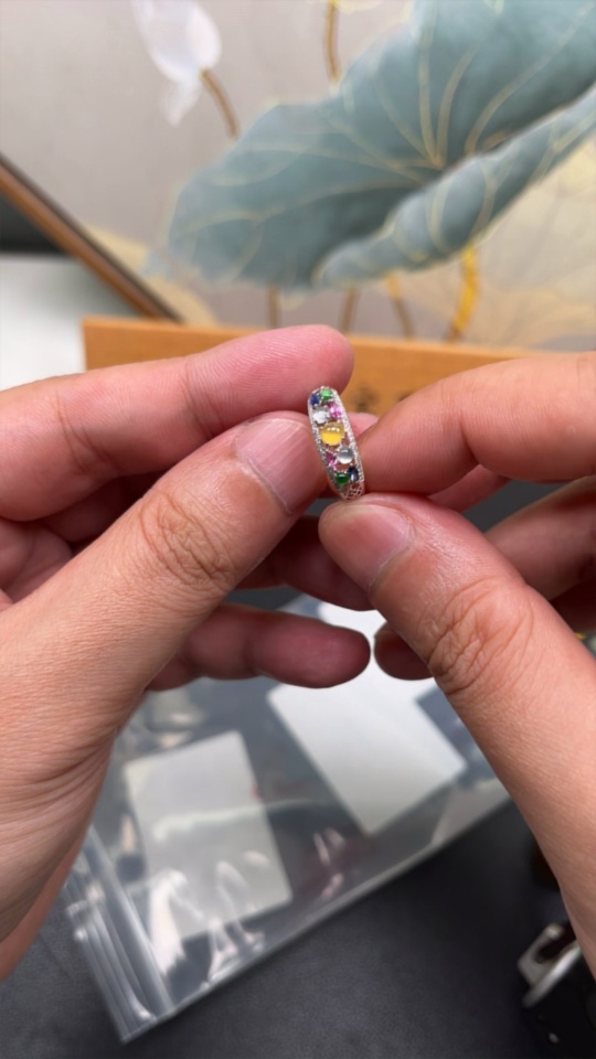 F30496836 Jadeite Cabochon Inlaid Ring 18K Gold Size 14 Total Weight Approx.1.6g Color Origin Undetermined Non-Type A Bead With Diamond Accents