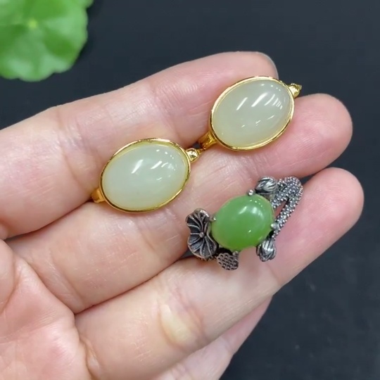 H33879541 Hetian Jade Inlaid Adjustable Ring Earrings Non-Gold Inlaid Total Weight Approx. 10.1g