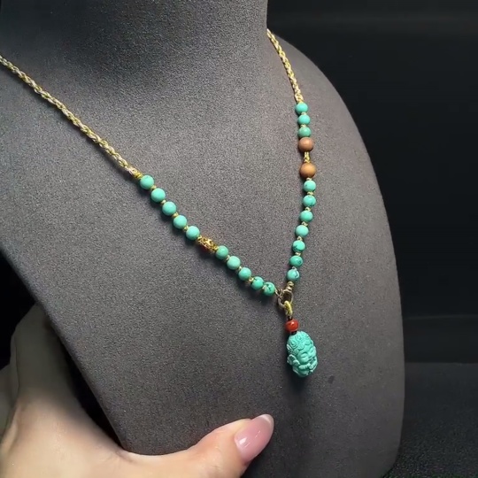 C34008553 Turquoise Pendant with Non-Natural Accent Stones, Total Weight Approx. 7.88g (Incl. Cord), Marked in Red Without Stamp, Surface Gold Content 75%, Rest Non-Gold