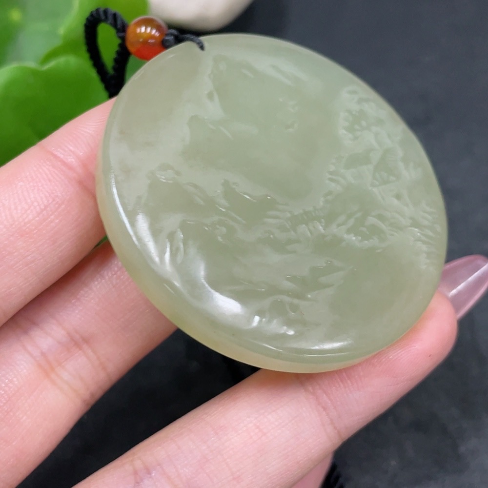 H33884873 Hetian Jade Pendant - Landscape Plaque, Total Weight (Including Rope): Approx. 43.1g