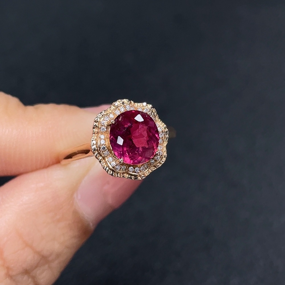 C32785373 18K Tourmaline Ring with Diamond Accents, Total Weight Approx. 2.43g, Size 14