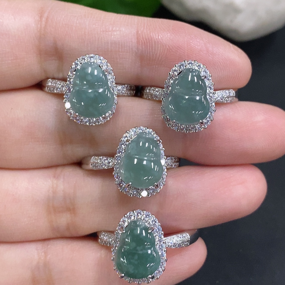 F34001403 Jadeite Gourd Inlaid Ring Sell as a Lot Size Adjustable Non-Gold Inlaid