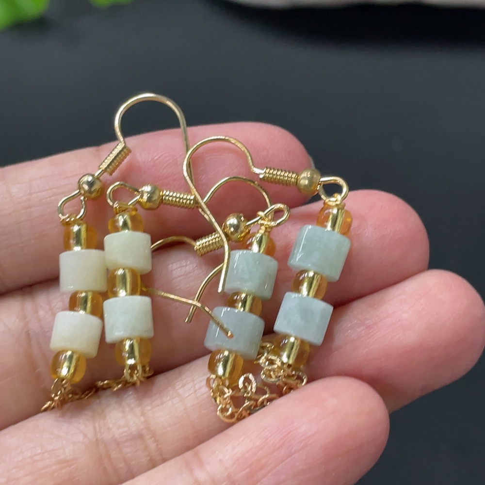 F33837842 Jadeite inlaid ear hooks, non-gold inlaid, with non-A grade beads