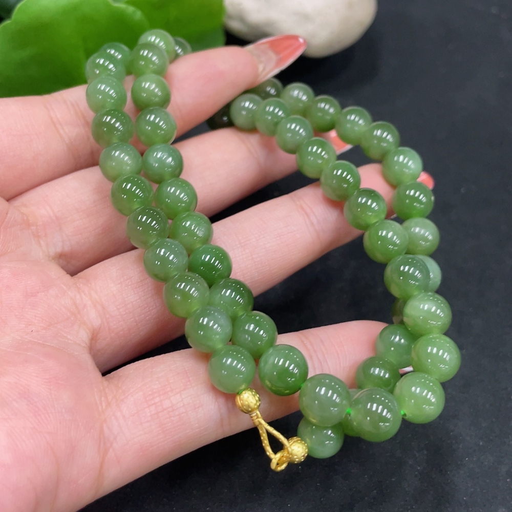 H34053449 Hetian Jade Jasper Bead Necklace, approx. 7.7mm, non-gold inlaid, total weight approx. 42.7g