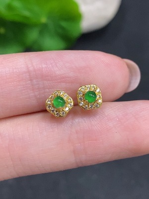 F34035606 Jadeite Cabochon Stud Earrings Non-Gold Setting Total Weight Approx. 0.7g