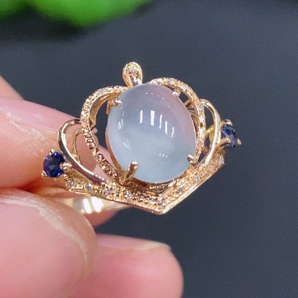 F28192091 Jadeite Cabochon Set Ring 18k Gold Setting Size 14 Total Weight Approx. 1.8g with Diamond Accents
