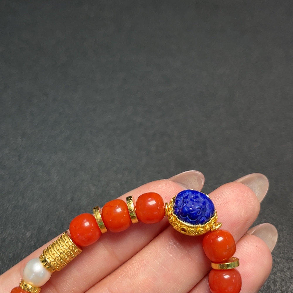 C34951510 South Red Agate Bracelet with Visible Organic Matter, Total Weight Approx. 17.37g, Bead Size 5.8-7.5mm, Paired with Pearls, Non-Gold