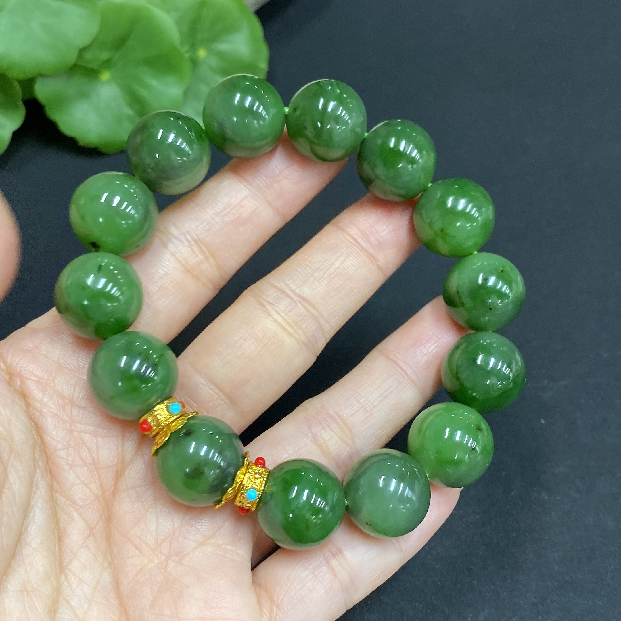 H34014627 Hetian Jade Green Jade Bracelet Approx. 14mm Non-Gold-Inlaid Total Weight About 63g