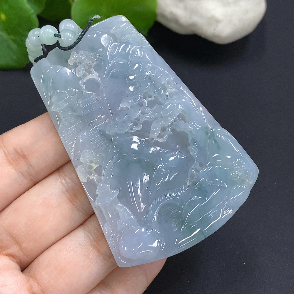 F29410913 Jadeite Landscape Pendant with Chain Total Weight Approx. 84.5g (Color Origin Undetermined)