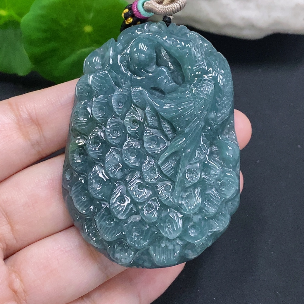 F34023049 Jadeite Peacock Pendant, Total Weight Including Rope Approximately 58.6g