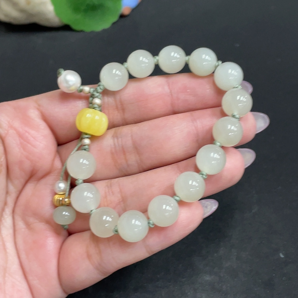 H33862731 Hetian Jade Bead Bracelet, approx. 9.9 mm, total weight about 24.8g, non-Hetian jade accessory beads