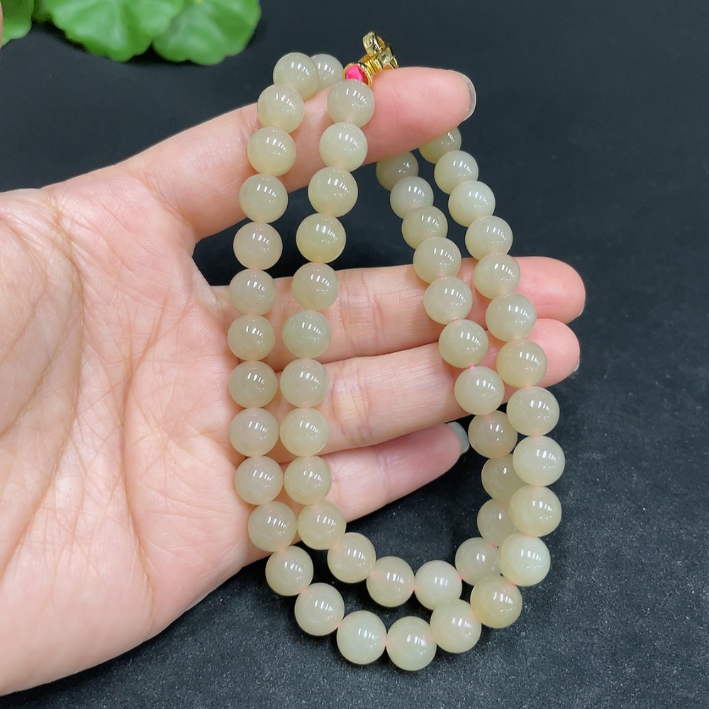 H34037001 Hetian Jade Bead Necklace Approx. 7.7mm Non-Gold-Inlaid Total Weight About 43.2g