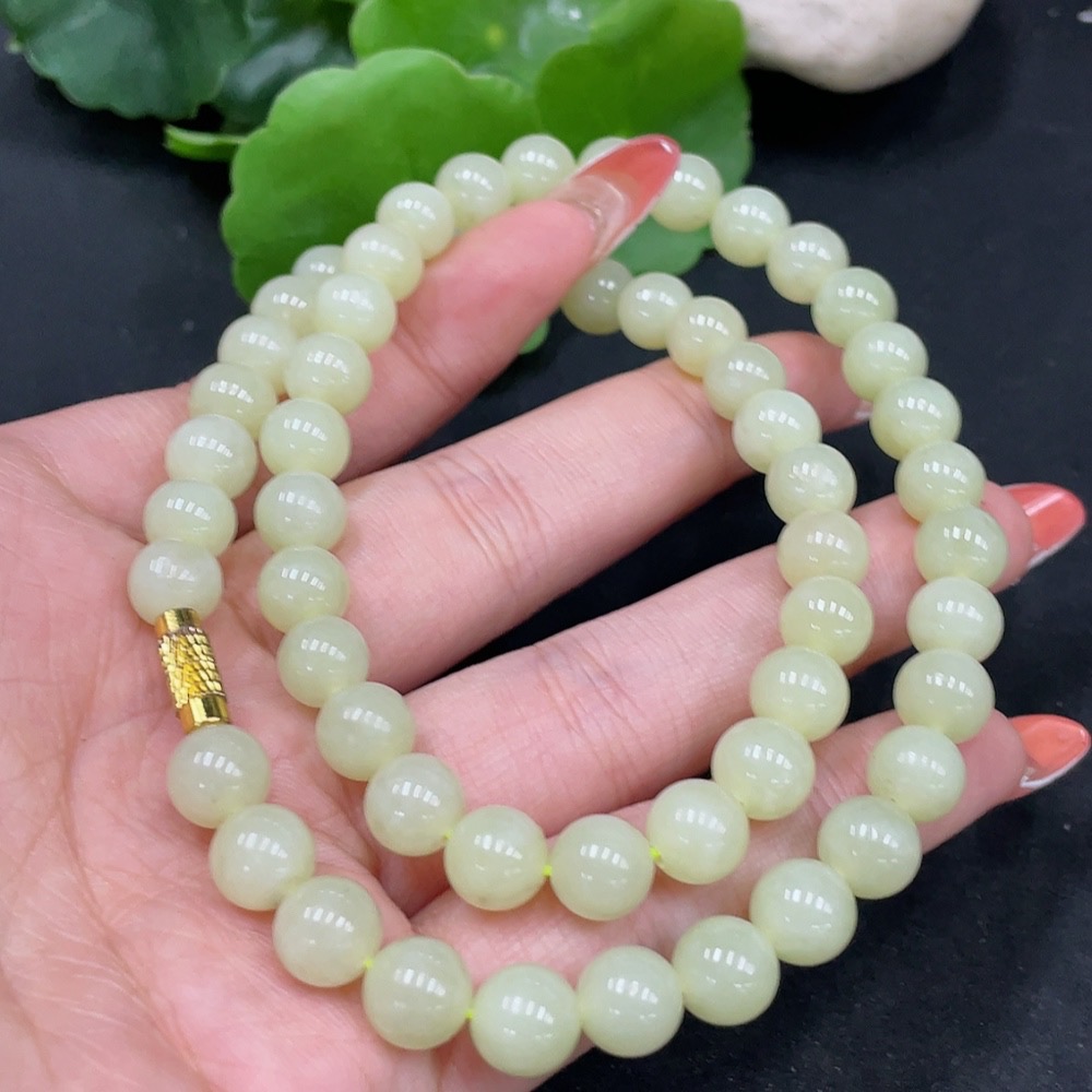 H35084610 Hetian Jade Bead Necklace Non-Gold Beads Approx. 7.8mm Total Weight Approx. 43.2g