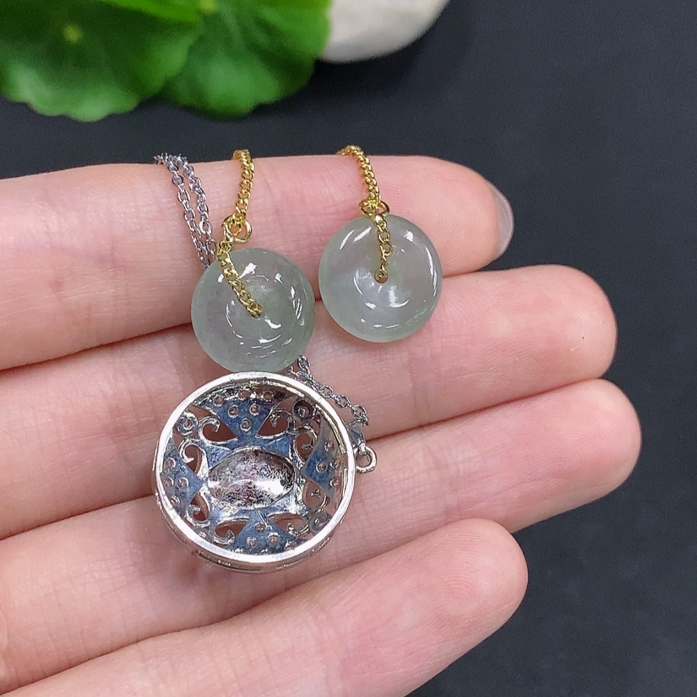 F35123842 Jadeite Cabochon Pendant + Peace Buckle Ear Threads Sell as a Lot Non-Gold Setting