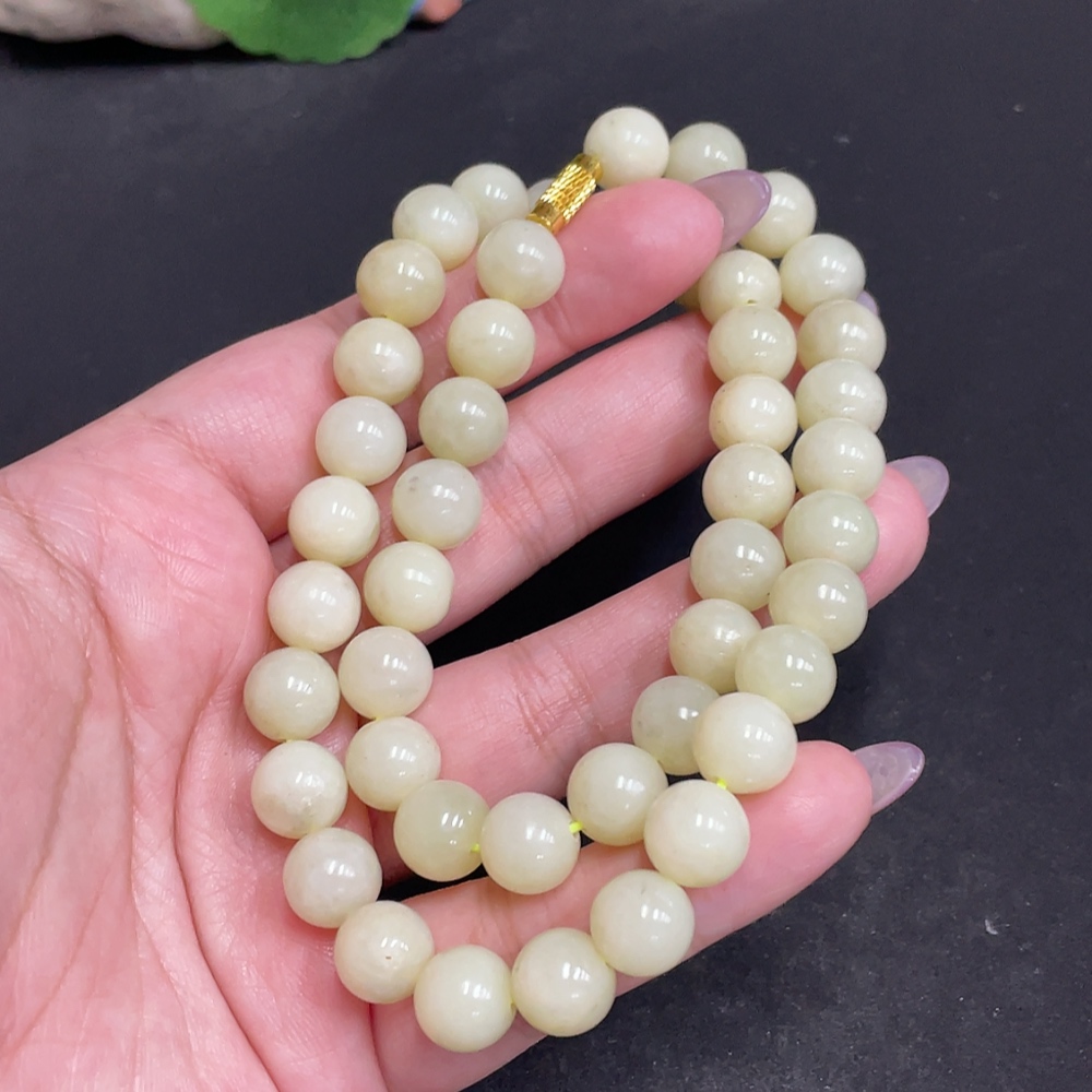 H33863574 Hetian Jade Bead Necklace, Approx. 9.2mm, Total Weight Approx. 62.9g, Non-Gold