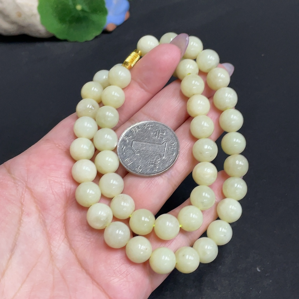 H33863574 Hetian Jade Bead Necklace, Approx. 9.2mm, Total Weight Approx. 62.9g, Non-Gold