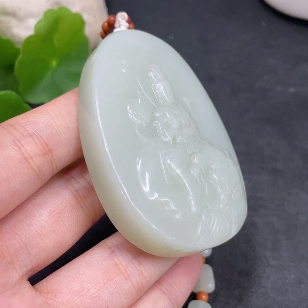H34980500 Hetian Jade Pendant Manjushri Bodhisattva with Non-Hetian Jade Beads Total Weight Approx. (Including Chain) 133.9g