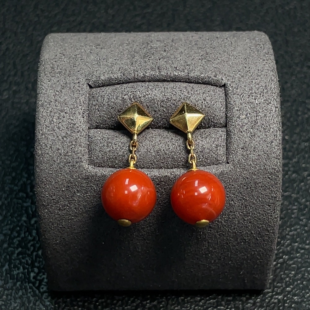 C31656553 Red Agate Earrings 18k Gold Approx. 2.85g 8.9mm