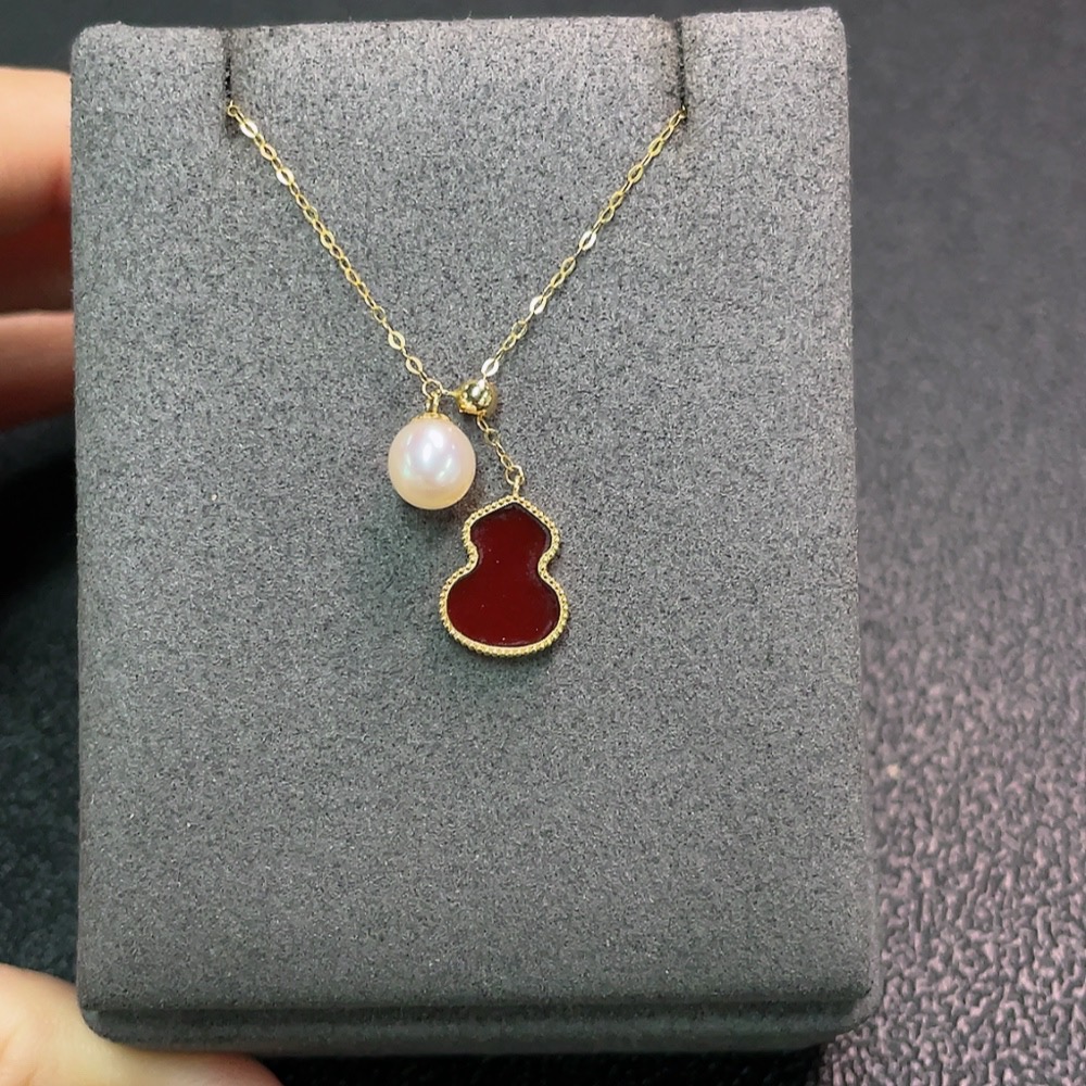 C34950987 18K Onyx Necklace with Pearl and Simulated Stones, Total Weight Approx. 1.26g, Stone Size About 5.9mm