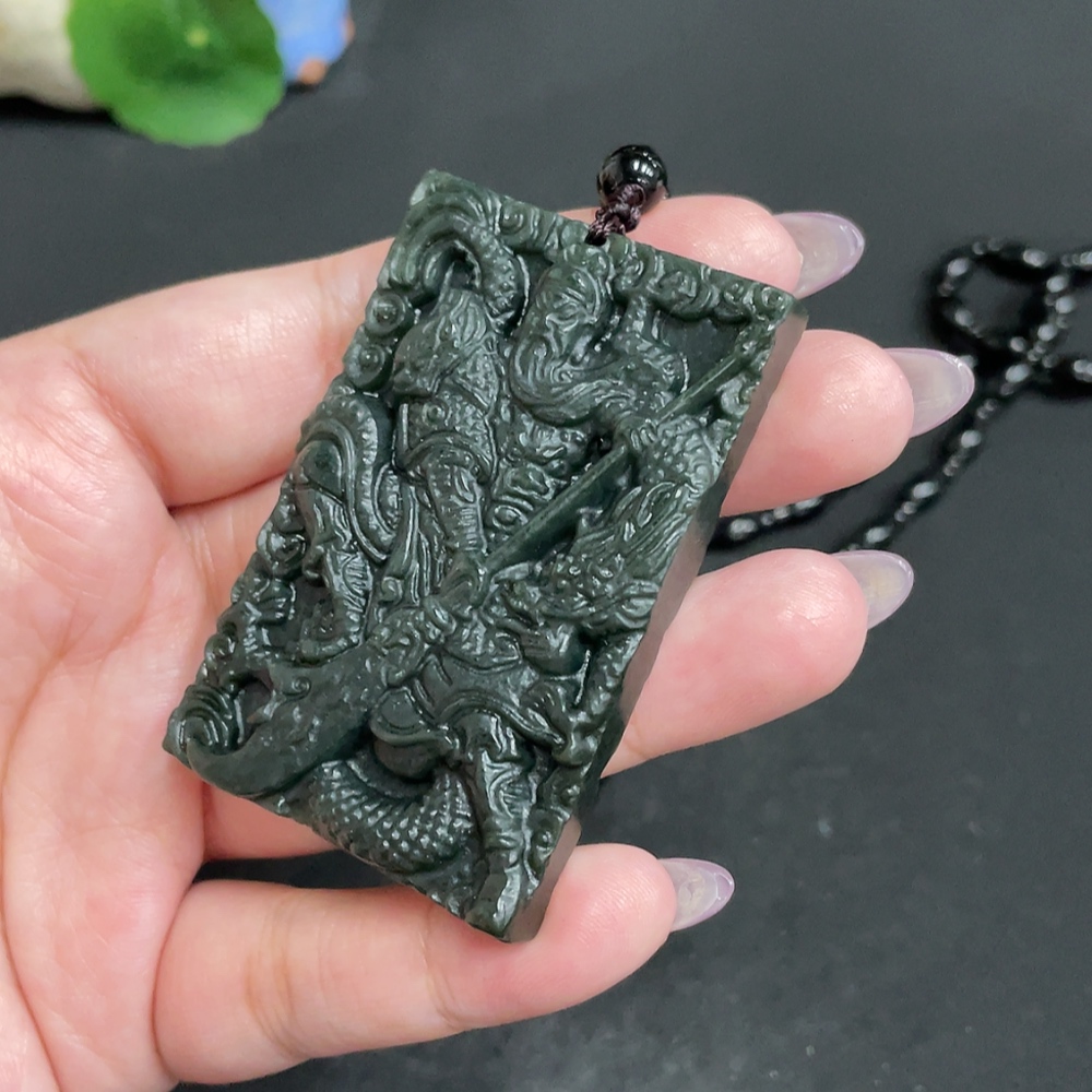 H33847703 Hetian Jade Pendant, Guan Gong, Total Weight Approx. 73g (including chain, chain not Hetian Jade)