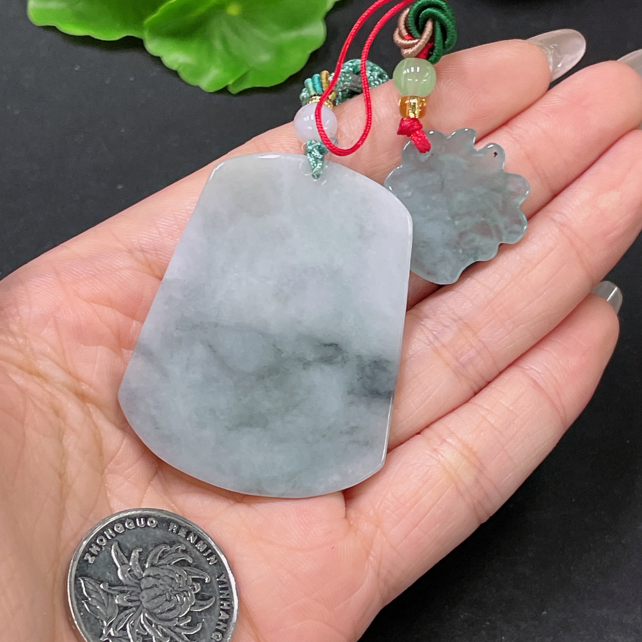 F35105397 Jadeite Pendant Landscape + Blessing Character Sell as a Lot with Non-Grade A Beads