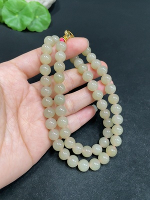 H34037001 Hetian Jade Bead Necklace Approx. 7.7mm Non-Gold-Inlaid Total Weight About 43.2g