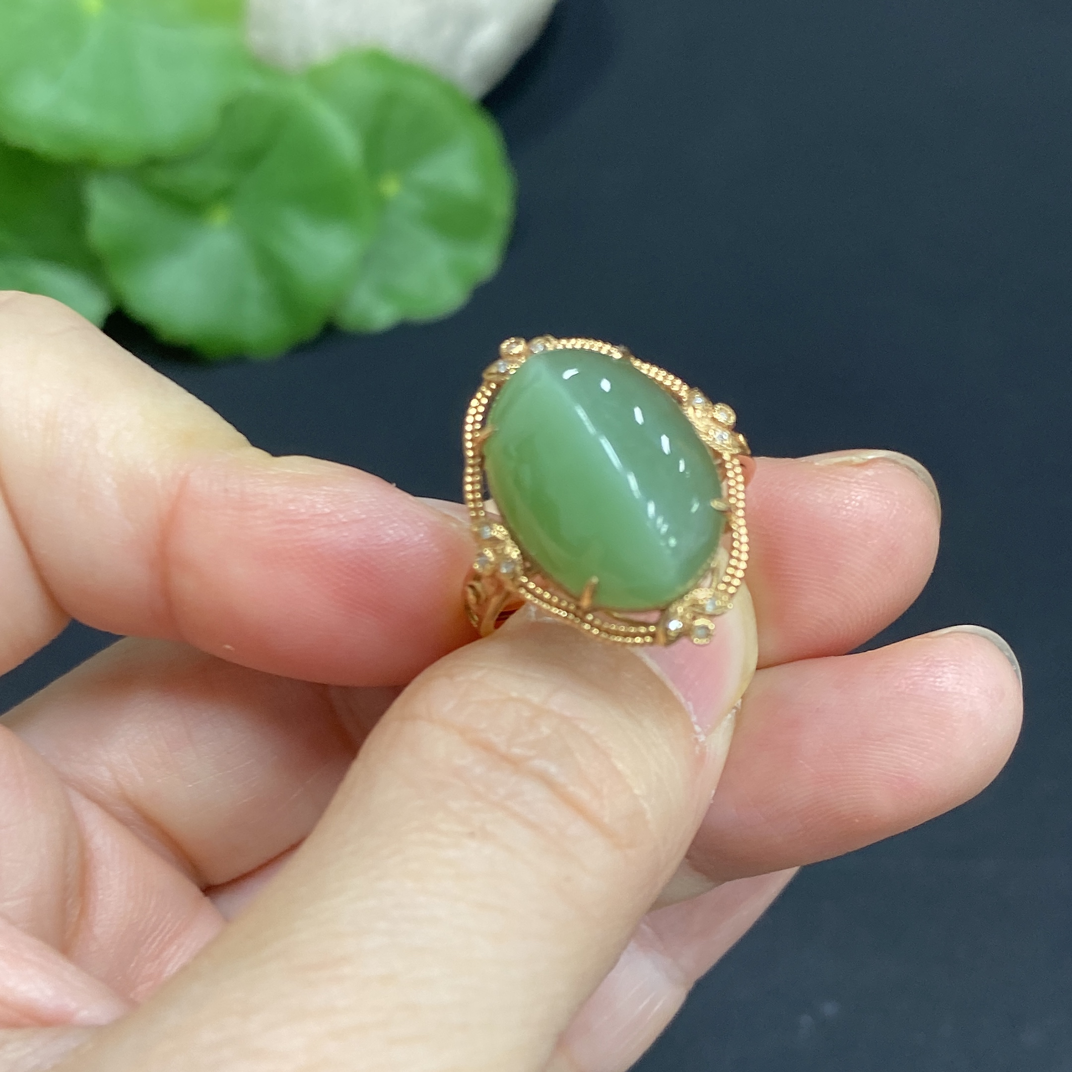 H34014389 Hetian Jade Inlaid Ring 18k Gold Size 15 Total Weight Approx. 3.2g