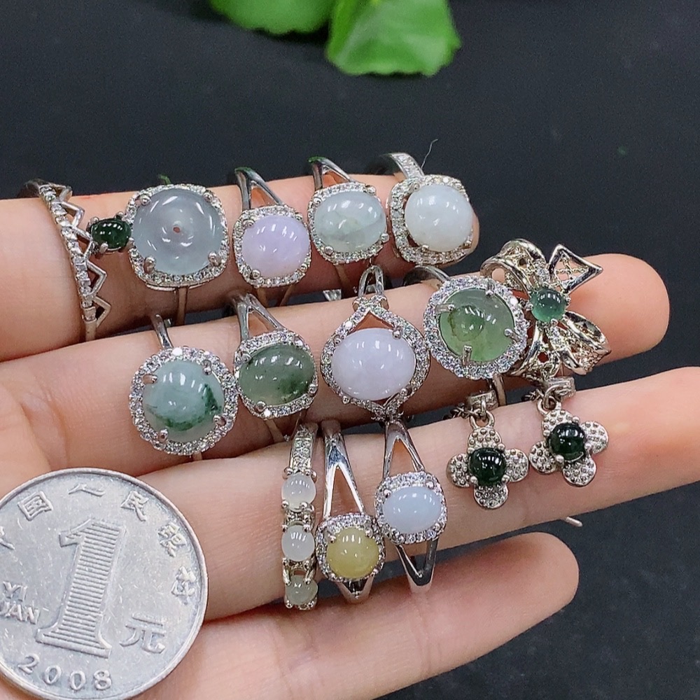 F31682884 Jadeite cabochon earrings/adjustable ring non-gold setting