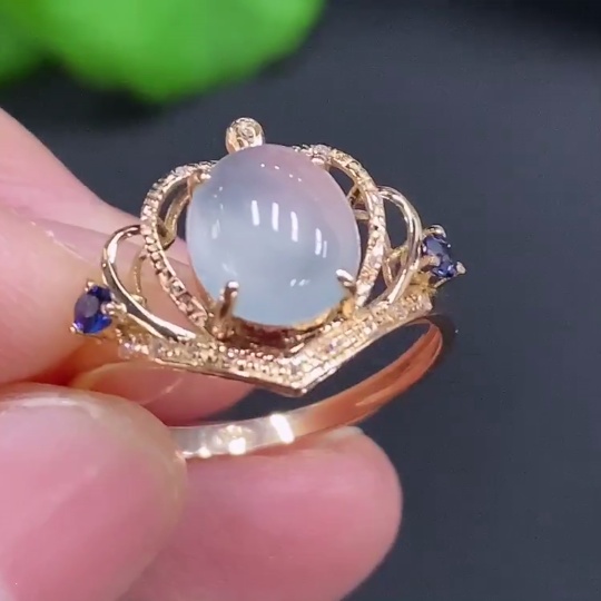 F28192091 Jadeite Cabochon Set Ring 18k Gold Setting Size 14 Total Weight Approx. 1.8g with Diamond Accents