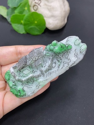F46556956 翡翠毛货山水摆件 货品总重量约94克