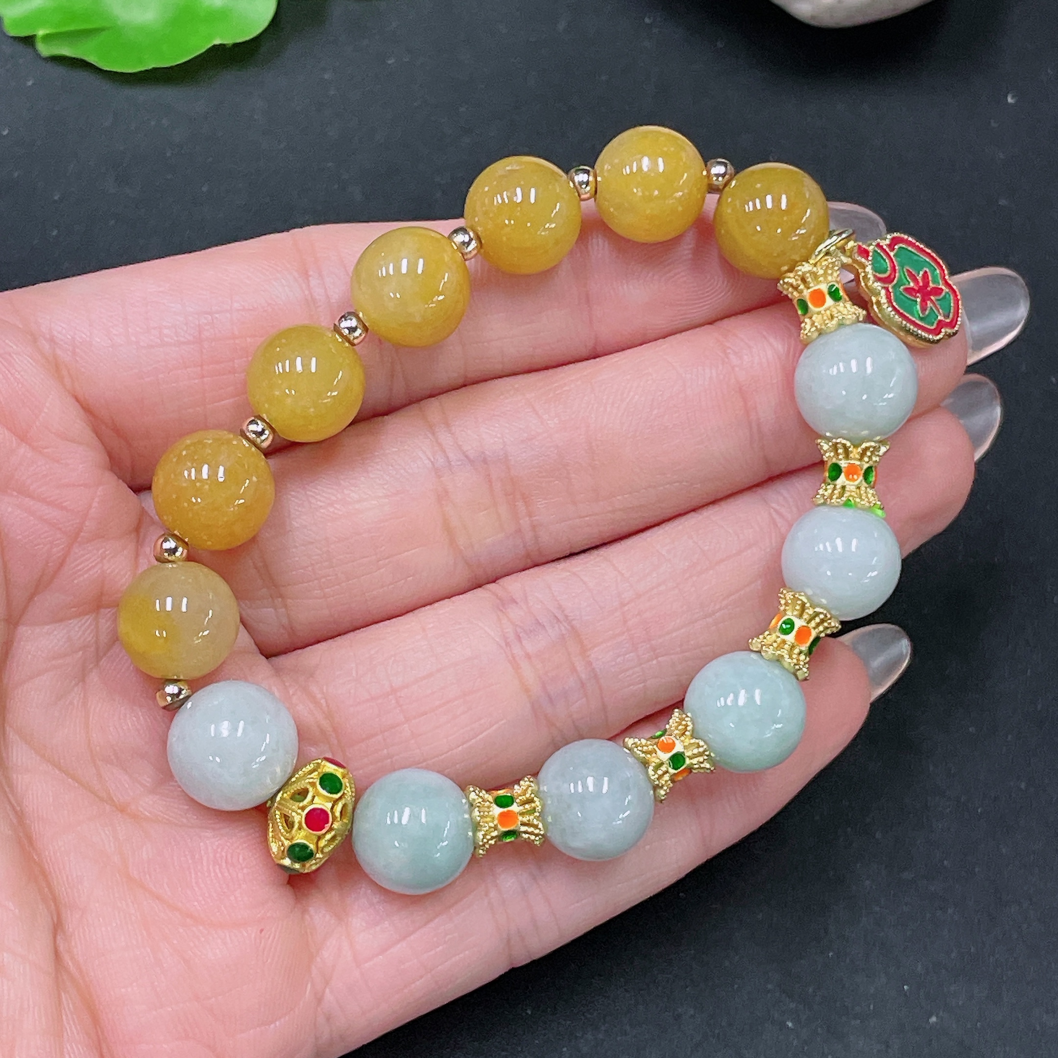 F34065317 Jadeite Bracelet Yellow Beads Non-A Total Weight Approx. 25.8g Size 10.8mm