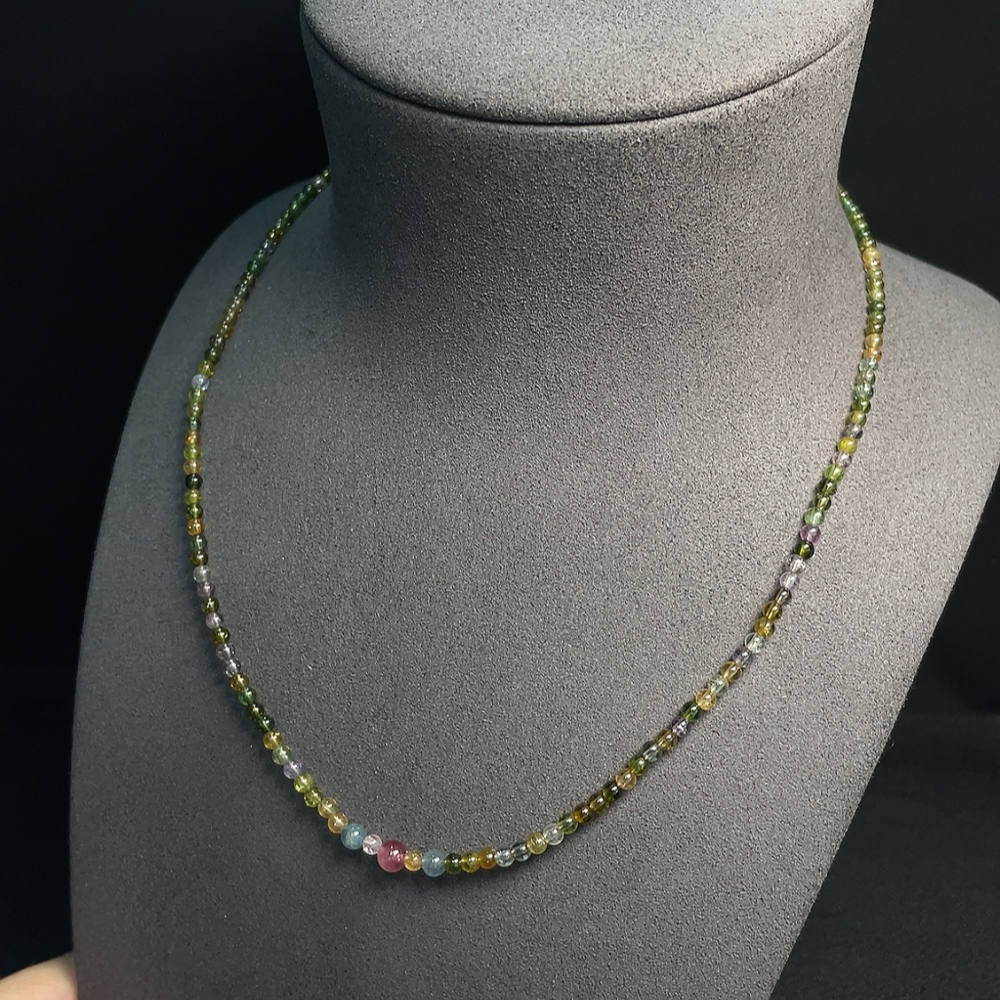 C32744743 Tourmaline bead necklace with other mineral components, visible organic matter, total weight approx. 8.50g, size 3-5.2mm, non-gold