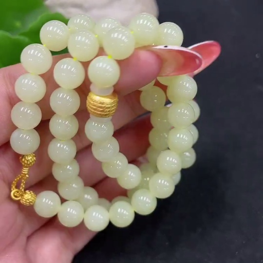 H34053448 Hetian Jade Bead Necklace, approx. 7.8mm, non-gold inlaid, total weight approx. 42.6g