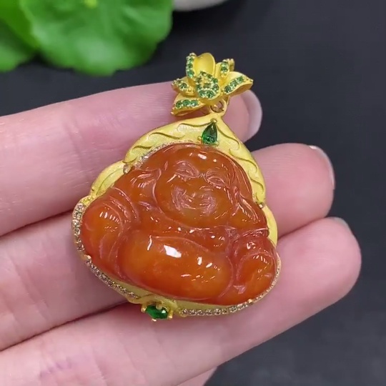 F34002095 Jadeite Buddha Pendant, Non-Gold Inlaid, Total Weight Approx. 9.5g, Yellow Color Origin Undetermined