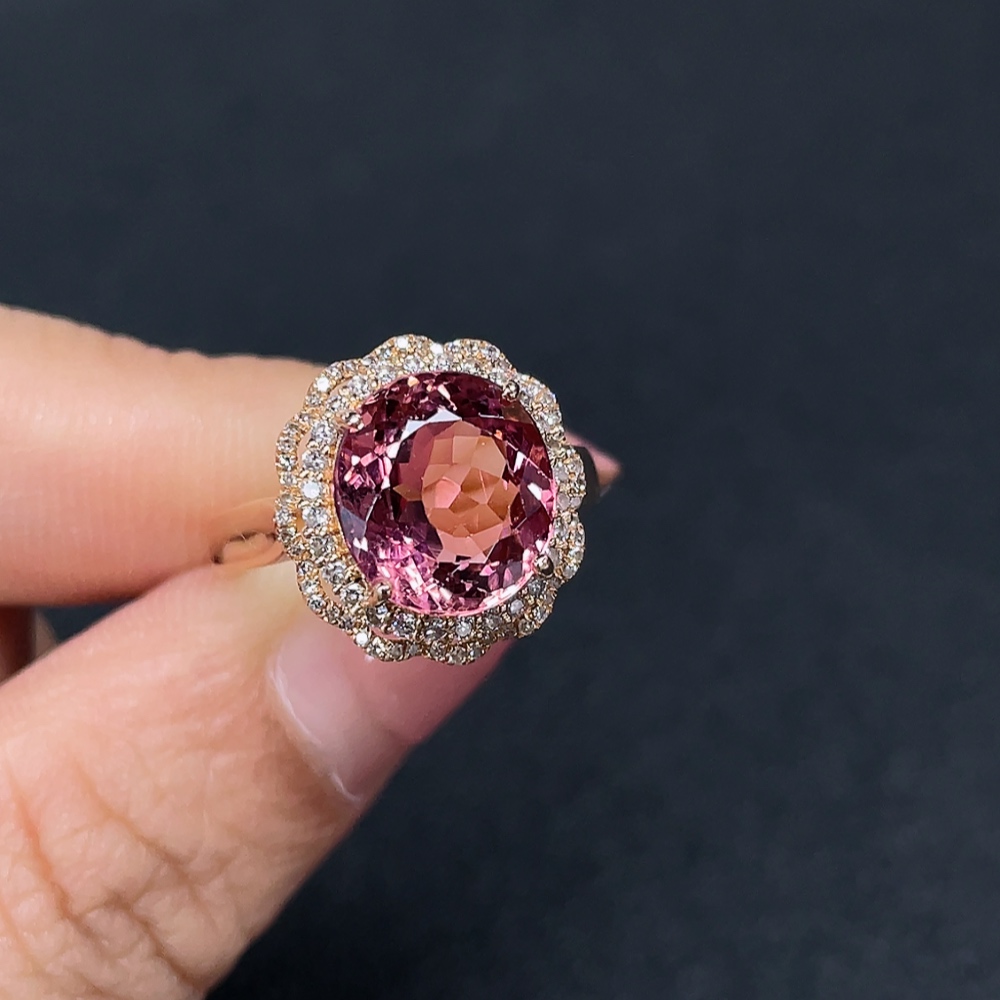 C32720444 18K Tourmaline Ring with Diamond Side Stones, Total Weight Approx. 3.78g, Size 13