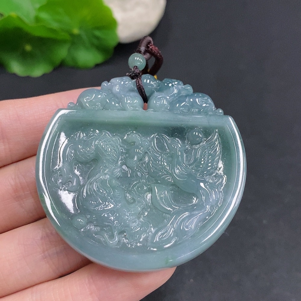 F34060549 Jadeite Dragon and Phoenix Auspicious Pendant