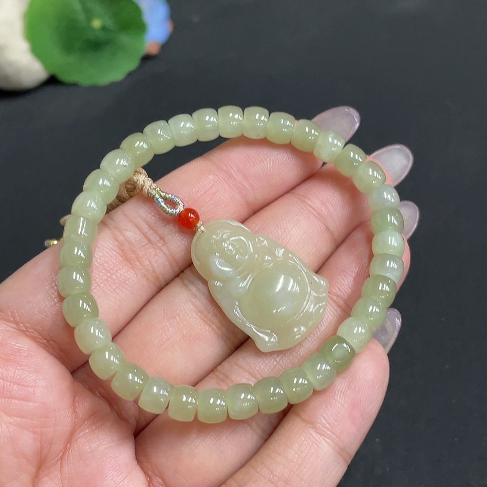 H34971924 Hetian Jade Pendant, Buddha Bead Bracelet Approx. 5.8mm, Total Weight (Including String) Approx. 17.2g