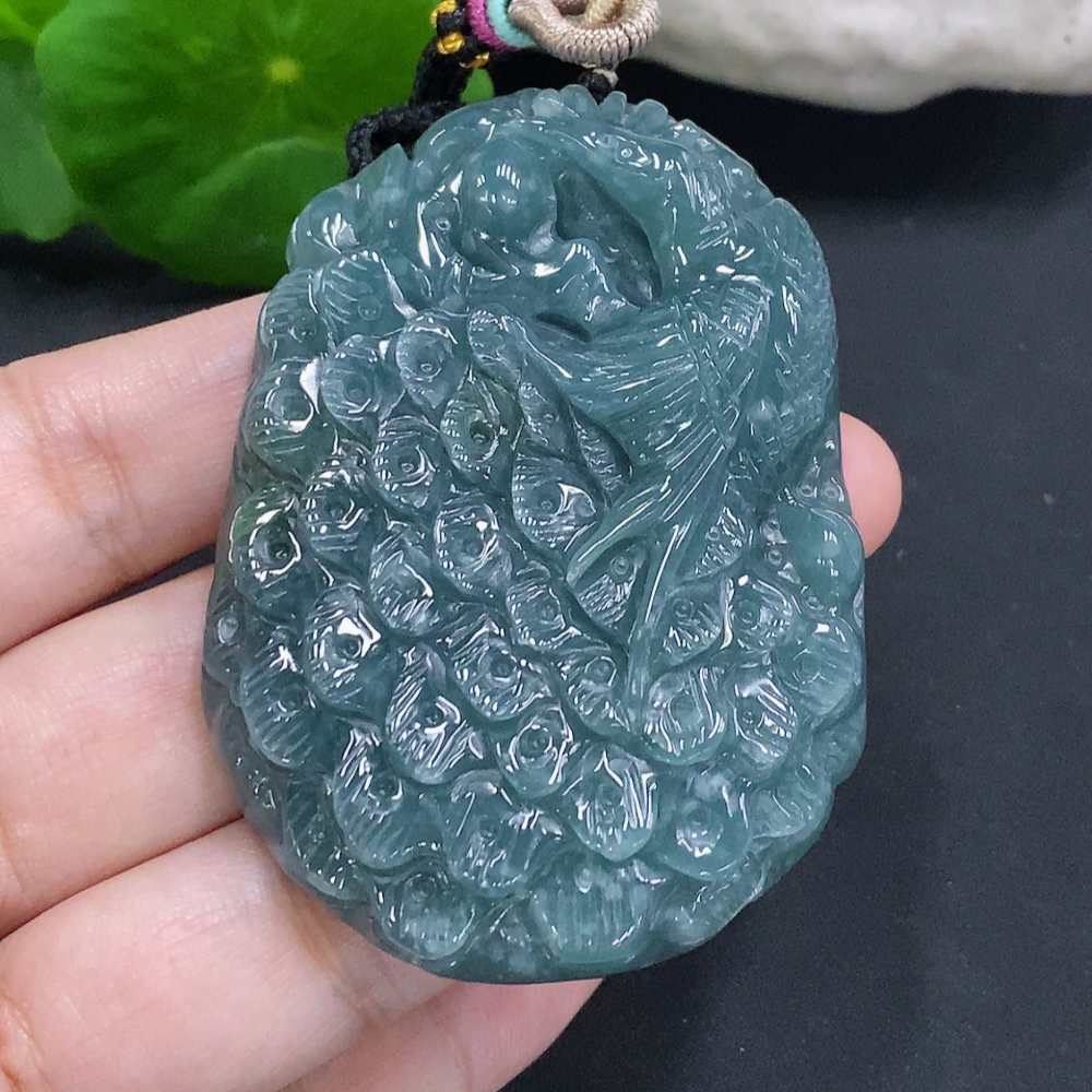 F34023049 Jadeite Peacock Pendant, Total Weight Including Rope Approximately 58.6g