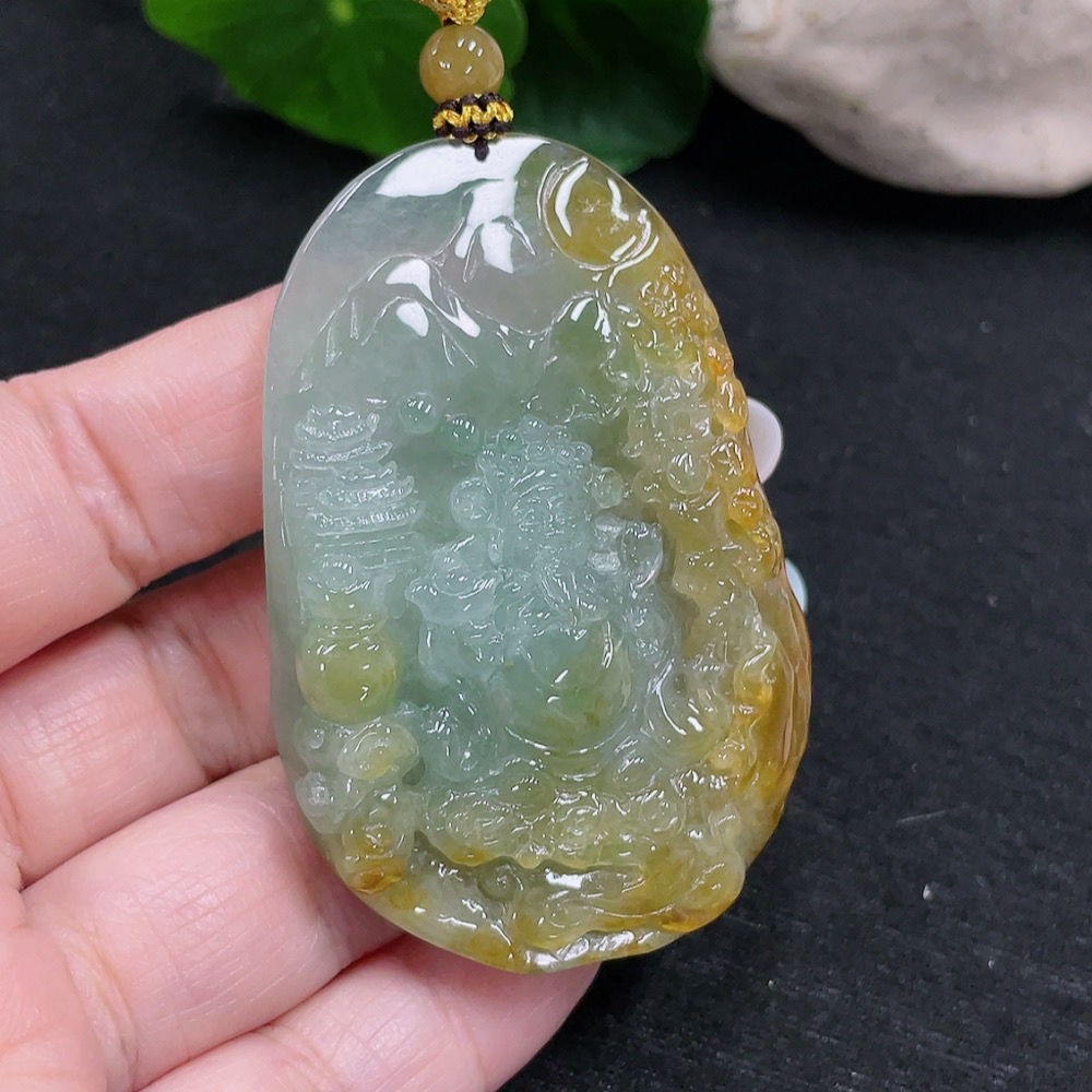 F33873770 Jadeite God of Wealth Pendant Total Weight Approx. 39.1g (Including Cord Weight) (Color Origin Undetermined)