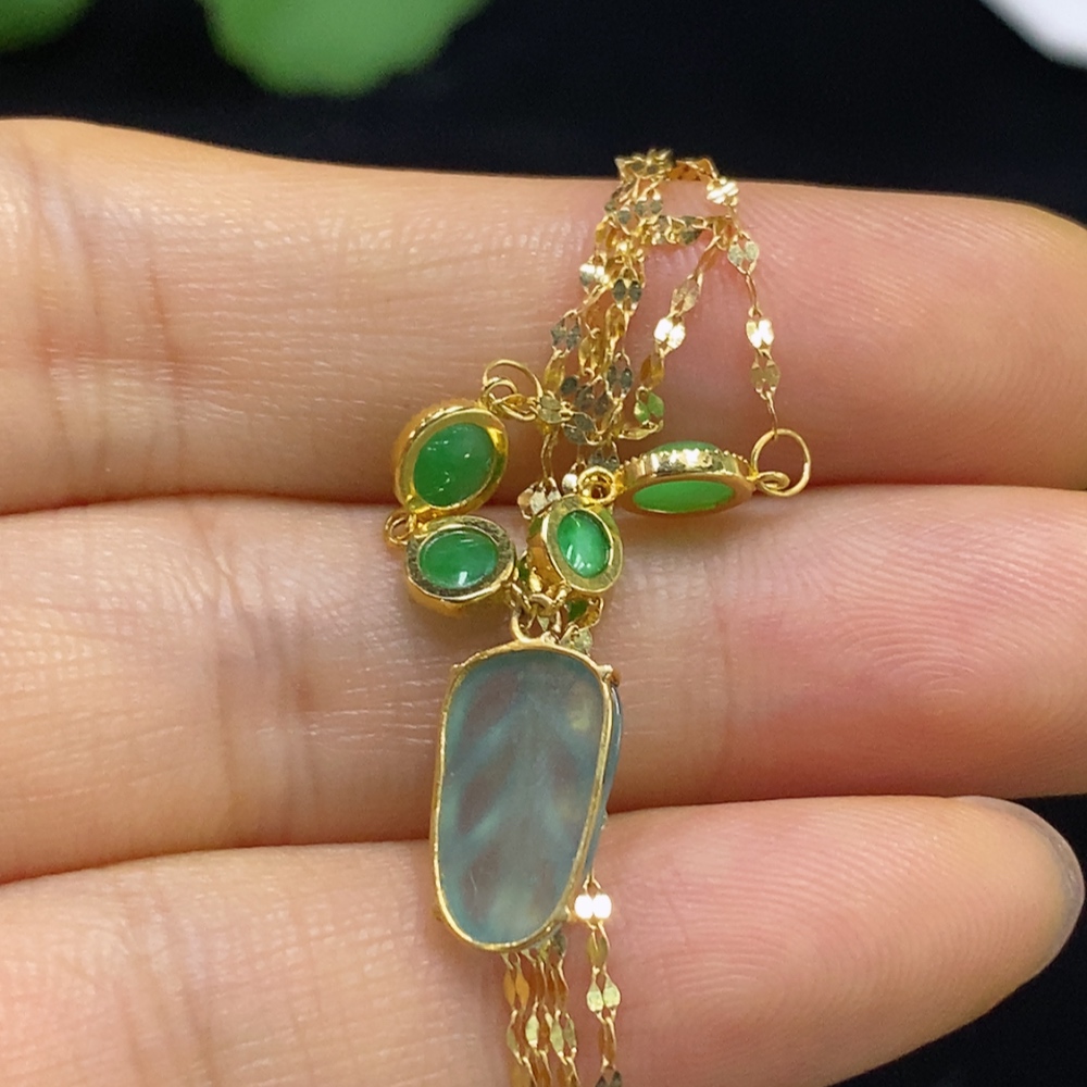 F34024123 Jadeite Leaf Inlay Pendant 18K Gold Total Weight Including Chain Approx. 1.4g