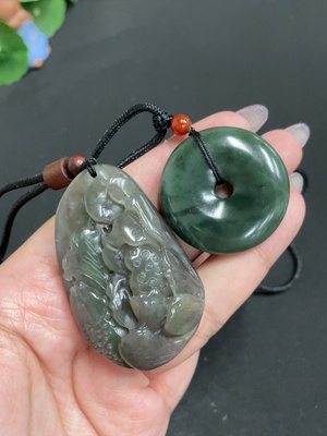 H33864154 Hetian Jade Pendant  Peace Buckle  Lotus and Fish Symbolizing Annual Abundance  Total Weight [including string]: approx. 70.3g