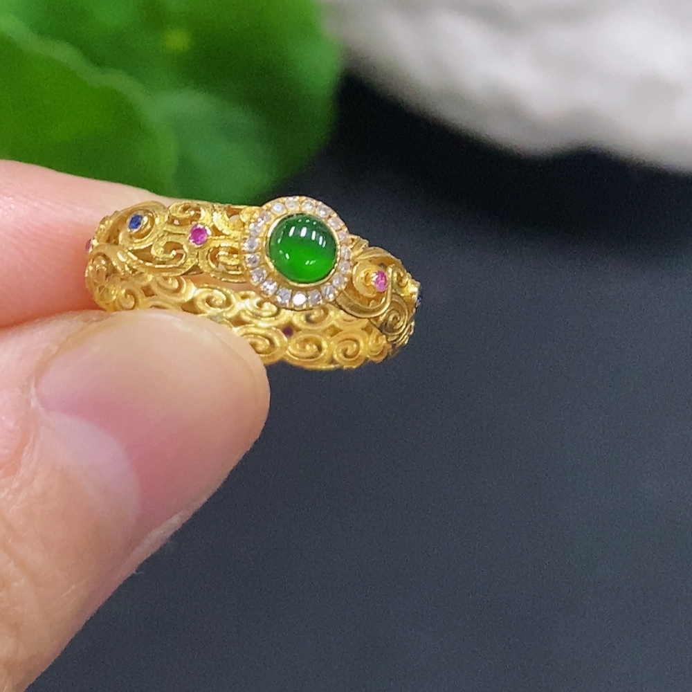 F30542577 Jadeite Cabochon Inlaid Ring 18K Gold Size 10 Total Weight Approx. 1.7g