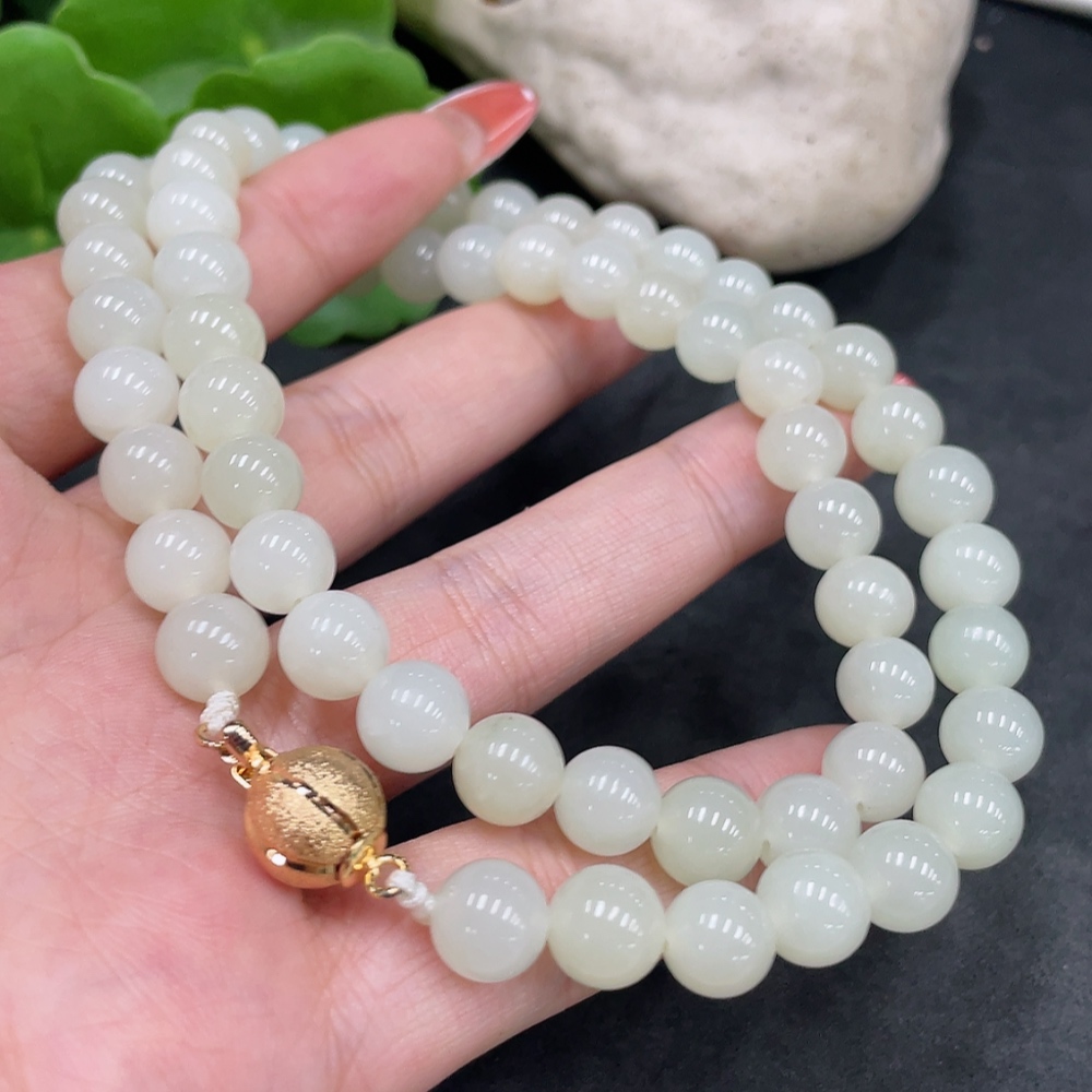 H34016810 Hetian Jade Bead Necklace, Approx. 8.1mm, Non-Gold Inlaid, Total Weight Approx. 52.9g